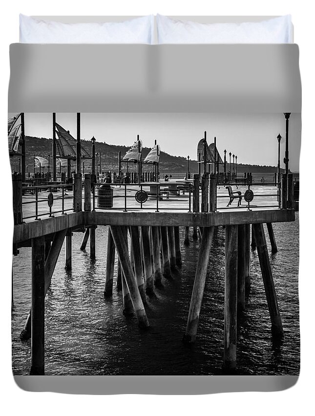 Pier Duvet Cover featuring the photograph Black and White on the Pier by Michael Hope