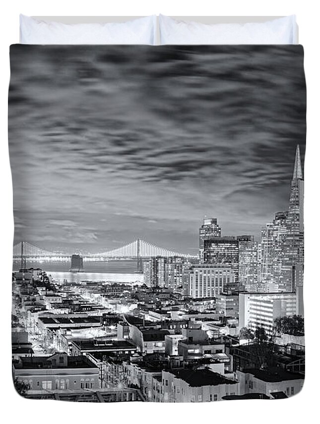Downtown Duvet Cover featuring the photograph Black and White Panorama of San Francisco Skyline and Oakland Bay Bridge from Ina Coolbrith Park by Silvio Ligutti