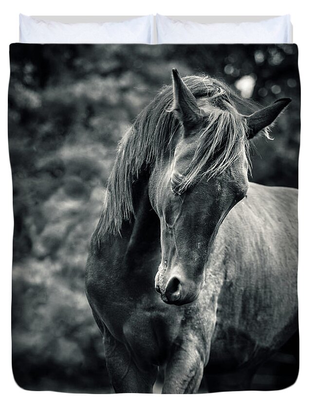 Horse Duvet Cover featuring the photograph Black and white portrait of horse by Dimitar Hristov