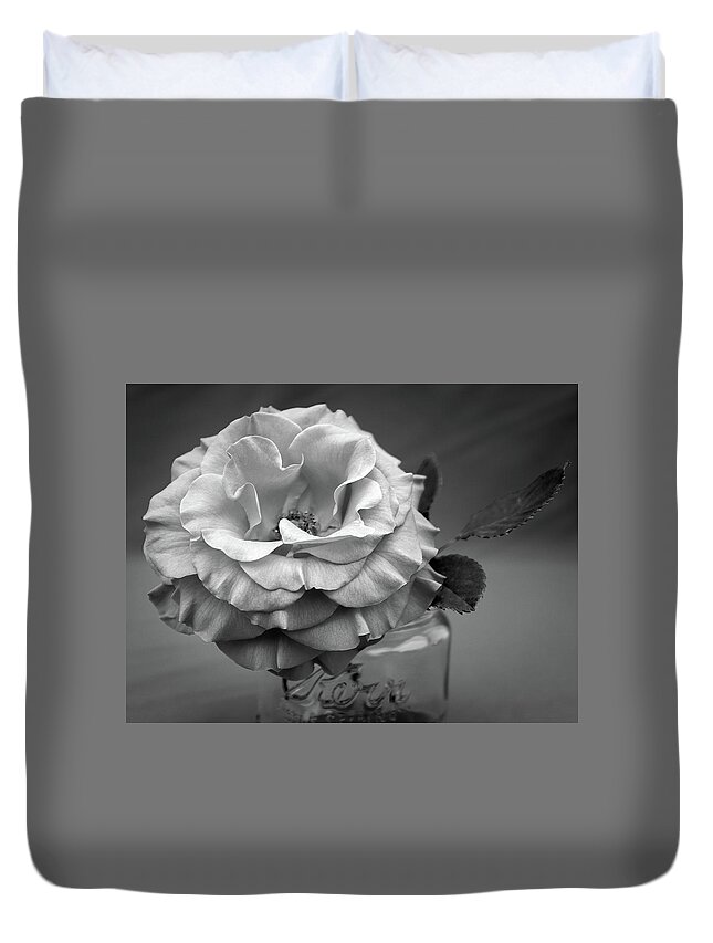 Rose Duvet Cover featuring the photograph Black and White Rose Antique Mason Jar by Kathy Anselmo