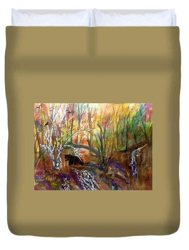 Black Bear Duvet Cover featuring the painting Black Bear in Autumn Woods by Ellen Levinson