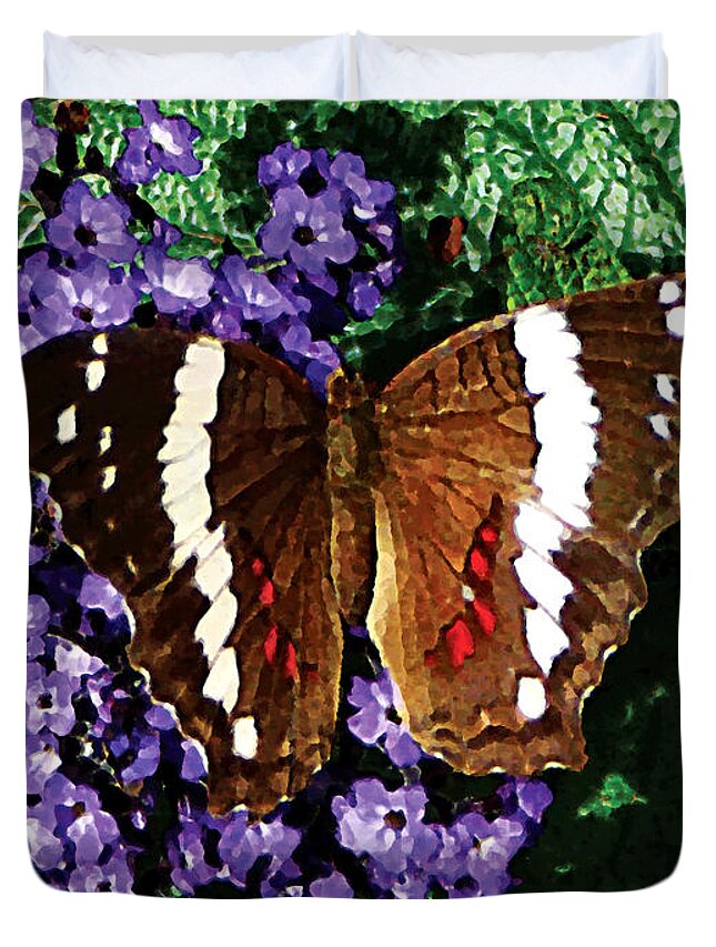 Butterfly Duvet Cover featuring the photograph Black Butterfly on Heliotrope by Susan Savad