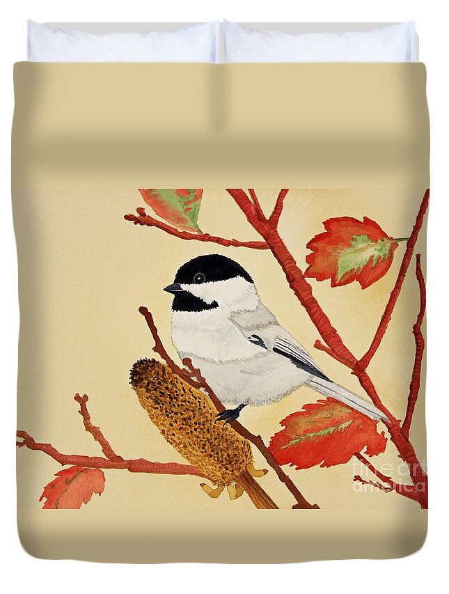 Bird Duvet Cover featuring the painting Black Capped Chickadee by Norma Appleton