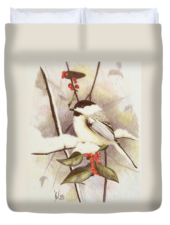 Stan White Duvet Cover featuring the drawing Black-Capped Chickadee by Stan White