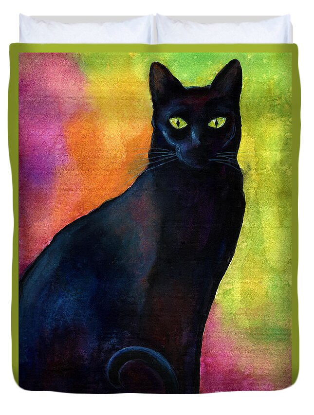 Black Cat Duvet Cover featuring the painting Black cat 9 watercolor painting by Svetlana Novikova