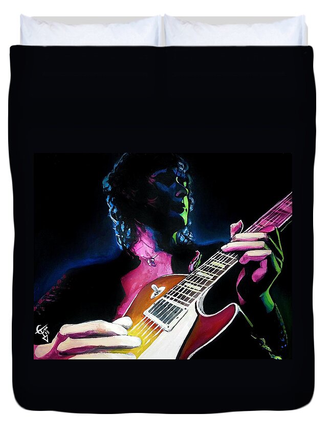 Jimmy Page Duvet Cover featuring the painting Black Dog by Tom Carlton