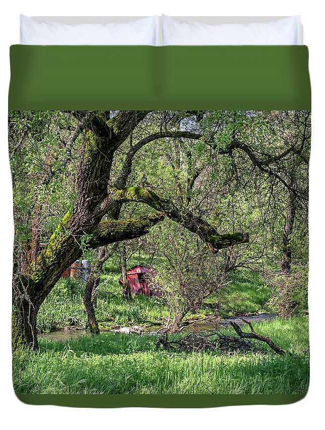 Black Oak Duvet Cover featuring the photograph Black Oak and Creek by Jim Thompson
