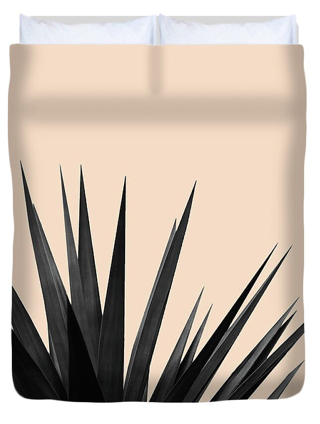 Black Duvet Cover featuring the mixed media Black Palms on Pale Pink by Emanuela Carratoni