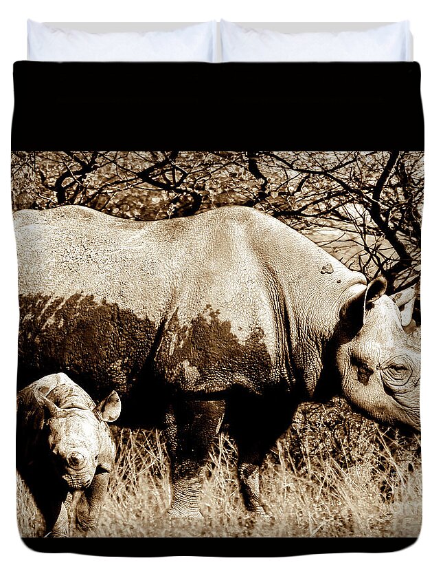 Rhinoceros Duvet Cover featuring the photograph Black Rhino and youngster by Baggieoldboy
