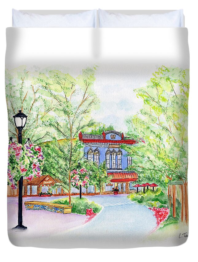 Black Sheep Pub Duvet Cover featuring the painting Black Sheep on the Plaza by Lori Taylor