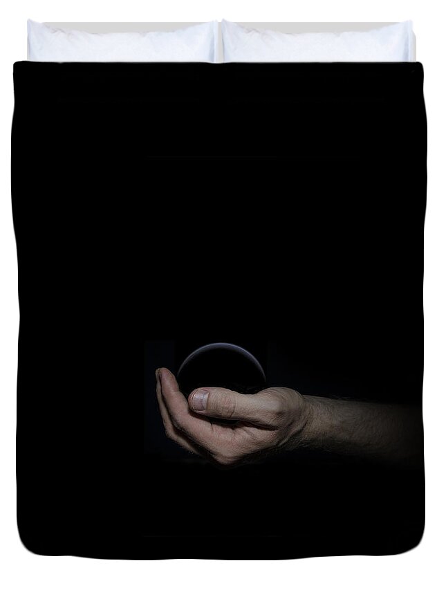 Black Duvet Cover featuring the digital art Black Sphere in Hand by Pelo Blanco Photo