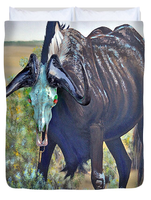 Black Wildebeest Duvet Cover featuring the painting Black Wildebeest by Mayhem Mediums