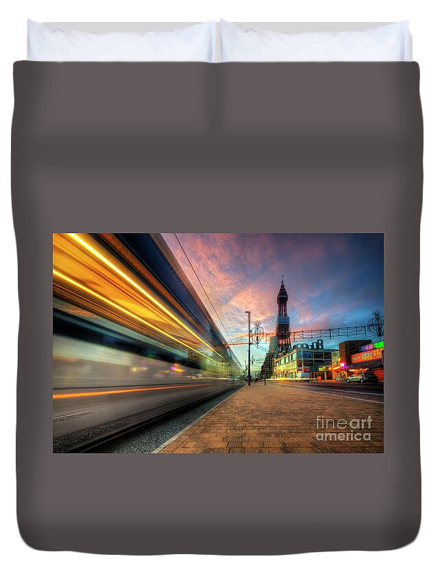 Photography Duvet Cover featuring the photograph Blackpool Tram Light Trail by Yhun Suarez