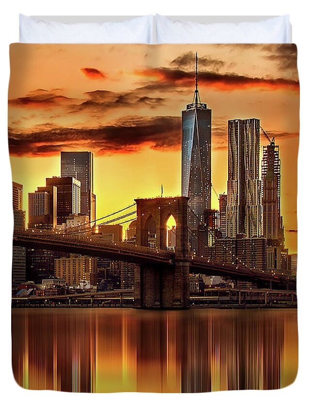 New York City Duvet Cover featuring the photograph Blazing Manhattan Skyline by Az Jackson