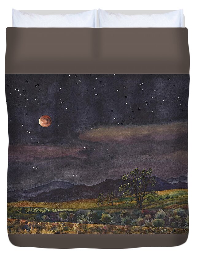 Blood Moon Painting Duvet Cover featuring the painting Blood Moon Over Boulder by Anne Gifford