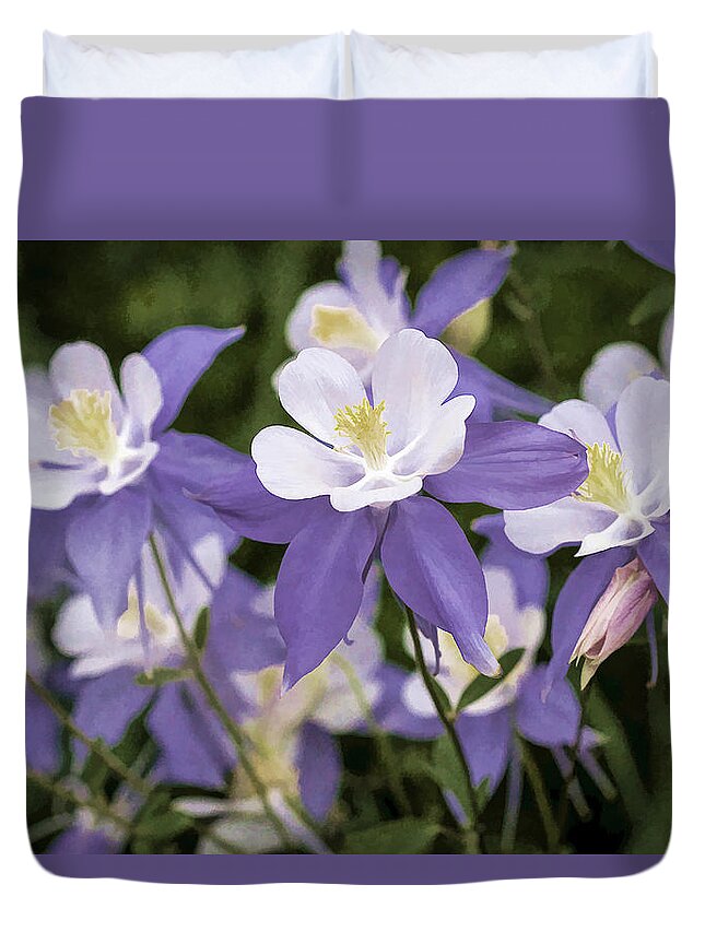 Colorado Duvet Cover featuring the photograph Blooming Blue Columbine - Oil Painting by Teri Virbickis