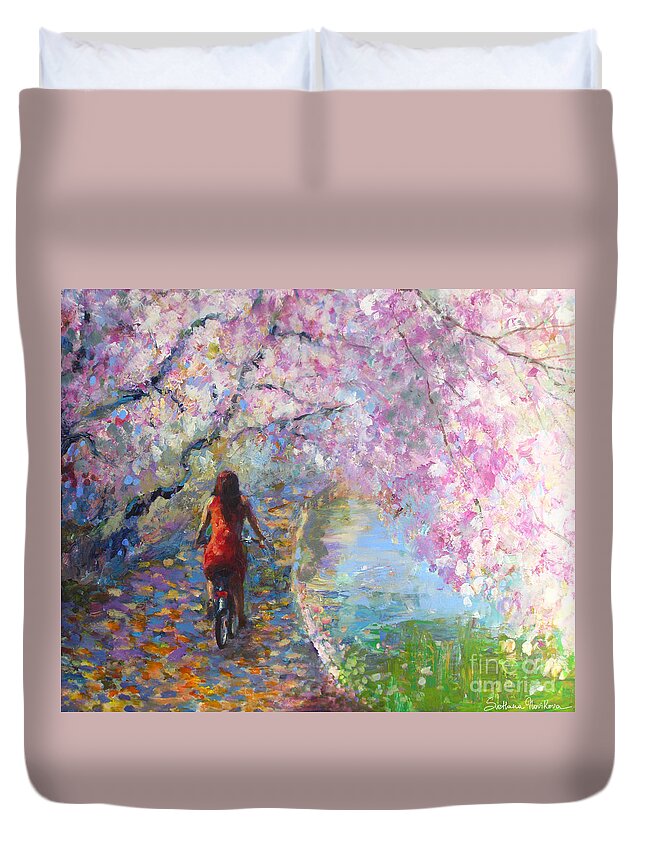 Spring Blossoms Alley Painting Duvet Cover featuring the painting Blossom Alley Impressionistic painting by Svetlana Novikova