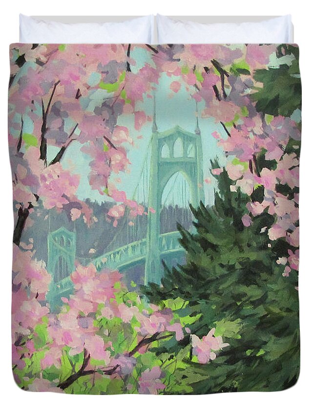 Bridge Duvet Cover featuring the painting Blossoming Bridge by Karen Ilari
