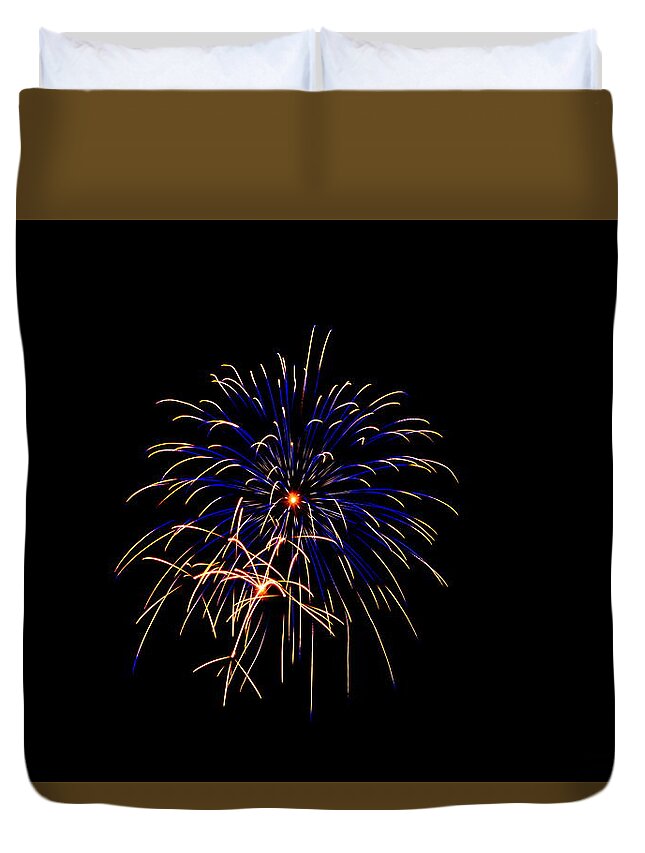 Blue And Gold Firework Duvet Cover featuring the photograph Blue and Gold Fireworks by Lisa Wooten