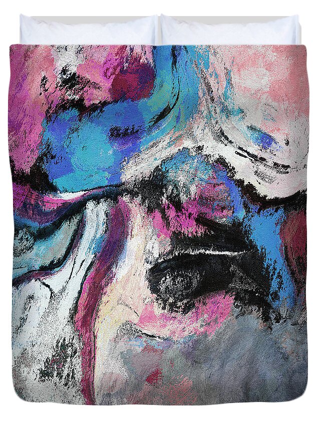Abstract Duvet Cover featuring the painting Blue and Pink Abstract Painting by Inspirowl Design