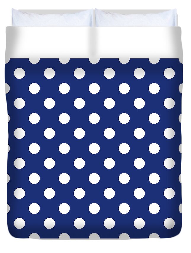 Blue Duvet Cover featuring the mixed media Blue And White Polka Dots- Art by Linda Woods by Linda Woods