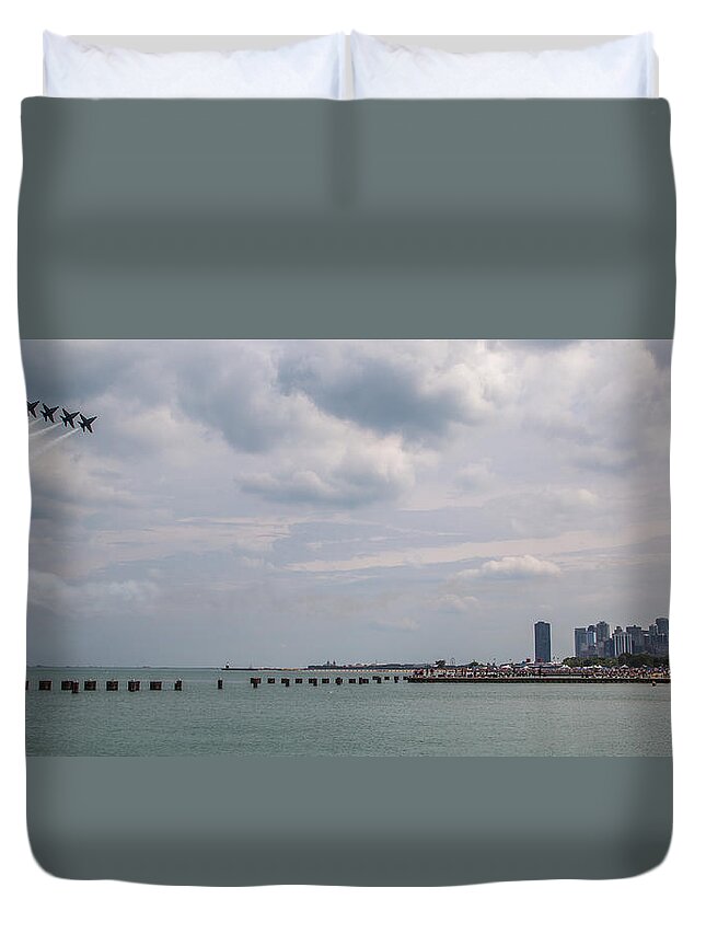 Blue Angels Duvet Cover featuring the photograph Blue Angels over Chicago Lakefront by Lev Kaytsner