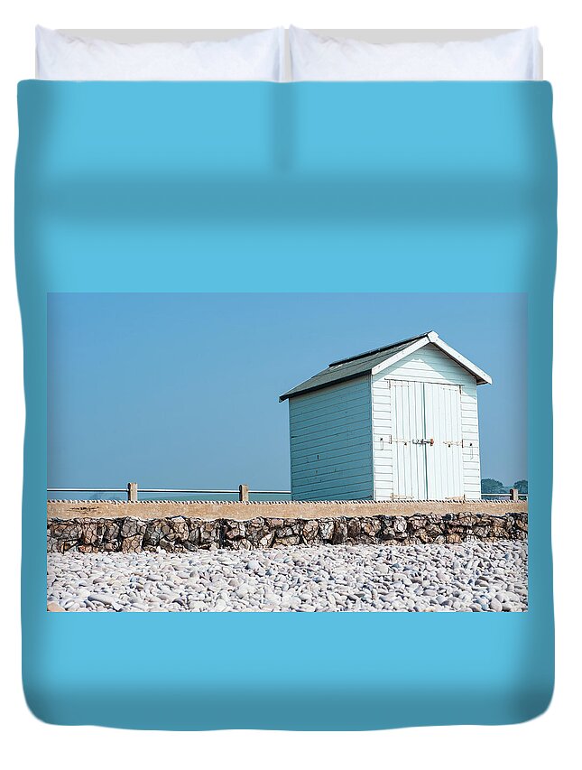 Beach Duvet Cover featuring the photograph Blue Beach Hut by Helen Jackson