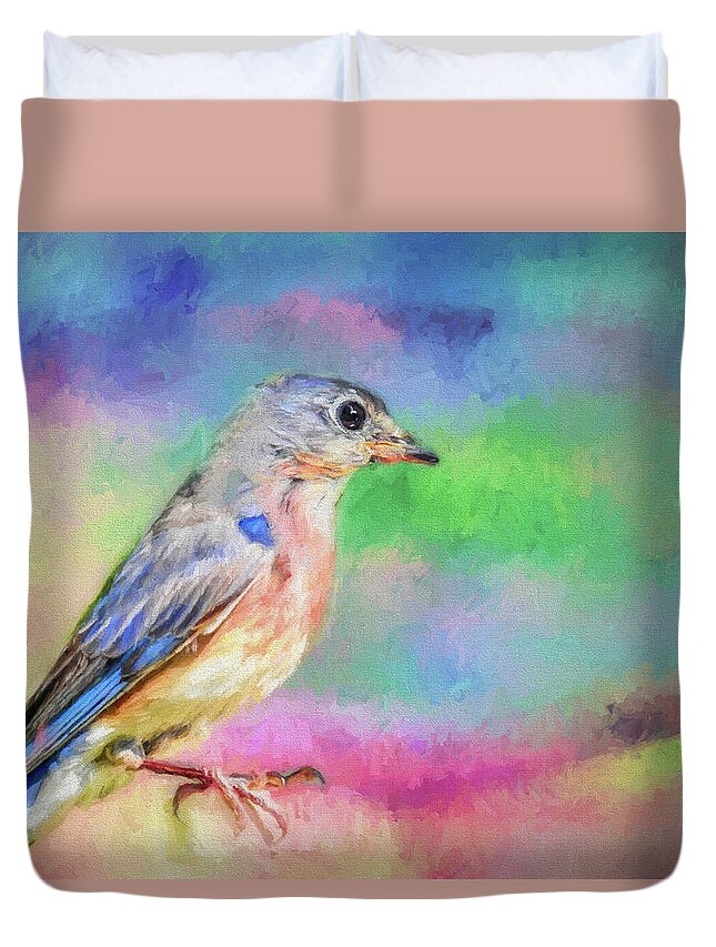 Animal Duvet Cover featuring the painting Blue Bird on Color by Ches Black