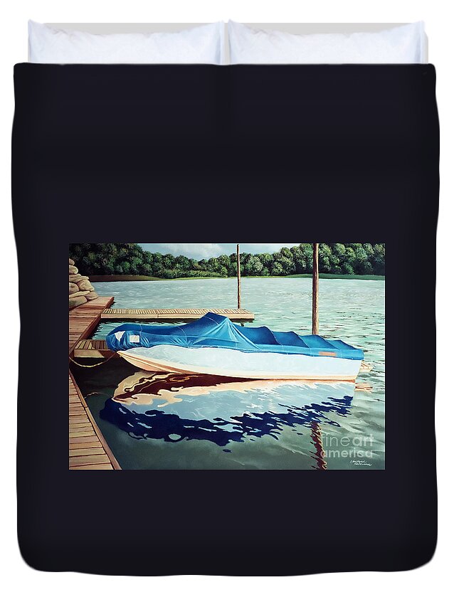 Blue Boat Duvet Cover featuring the painting Blue Boat by Christopher Shellhammer