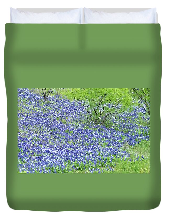Camera Duvet Cover featuring the photograph Blue bonnets,Poppies and Willow tree. by Usha Peddamatham