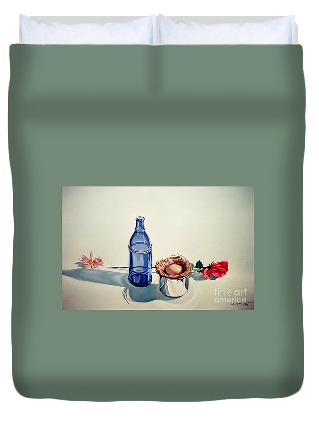 Bird Nest Duvet Cover featuring the painting Blue bottle flowers and bird nest by Christopher Shellhammer