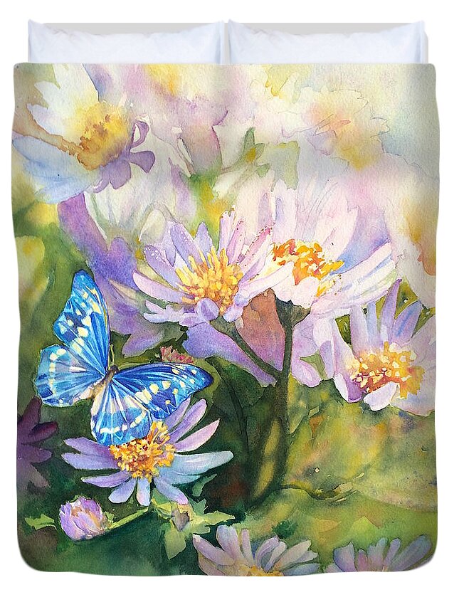 Painting Duvet Cover featuring the painting Blue Butterfly by Francoise Chauray