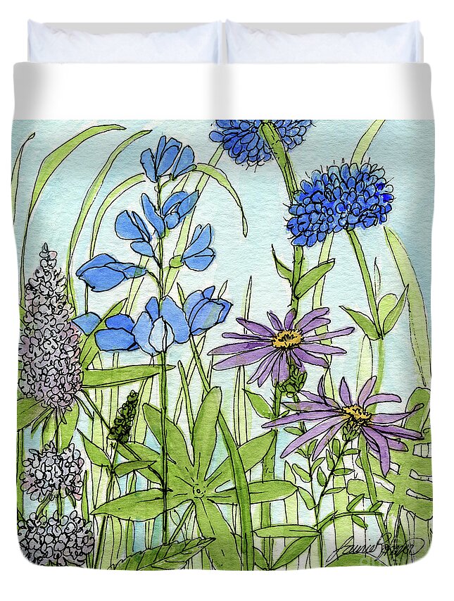 Blue Flowers Duvet Cover featuring the painting Blue Buttons by Laurie Rohner