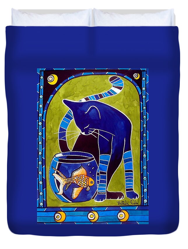 Cats Duvet Cover featuring the painting Blue Cat with Goldfish by Dora Hathazi Mendes