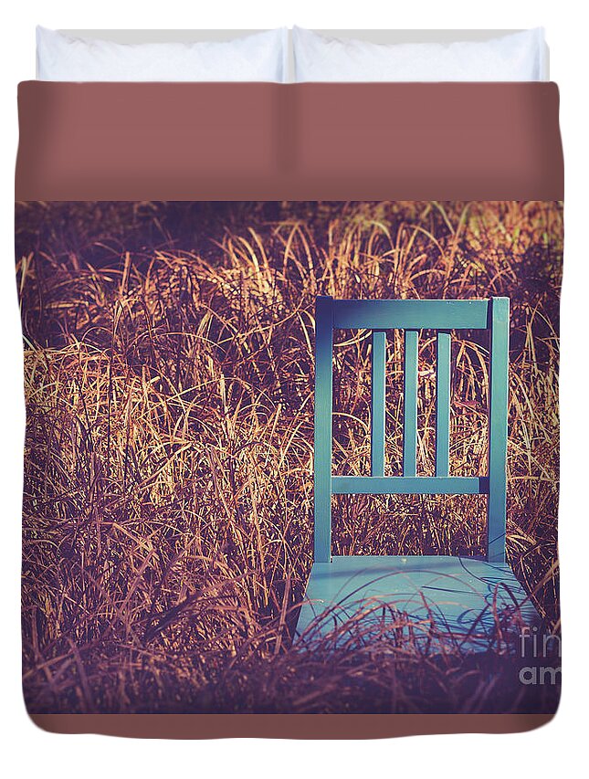 New Hampshire Duvet Cover featuring the photograph Blue chair out in a field of talll grass by Edward Fielding