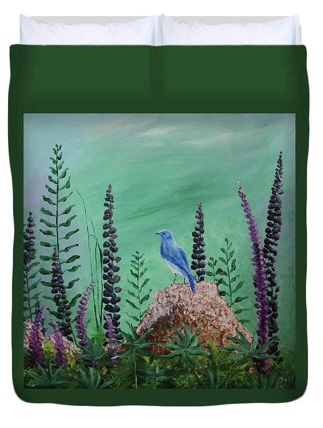Acrylic Duvet Cover featuring the painting Blue chickadee standing on a rock 2 by Martin Valeriano