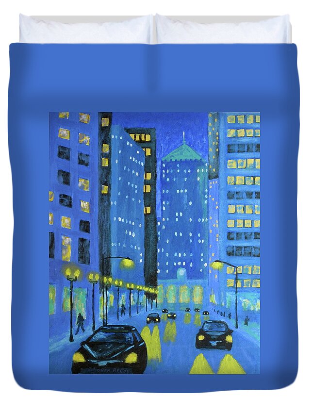Chicago Art Duvet Cover featuring the painting Blue City Blues by J Loren Reedy