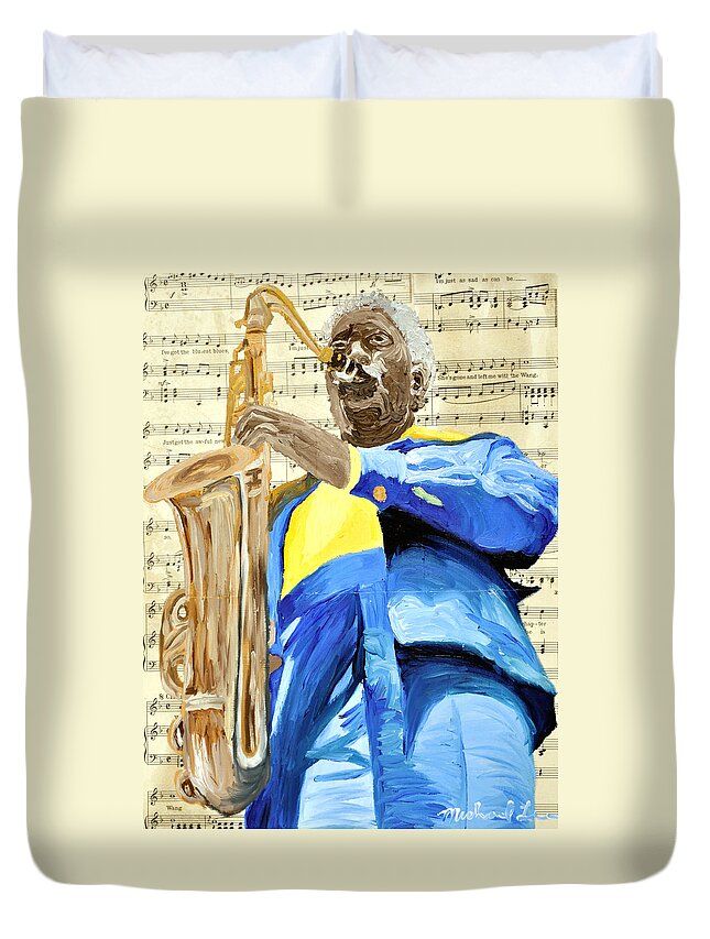 Jazz Duvet Cover featuring the painting Blue Coat Sax Player by Michael Lee