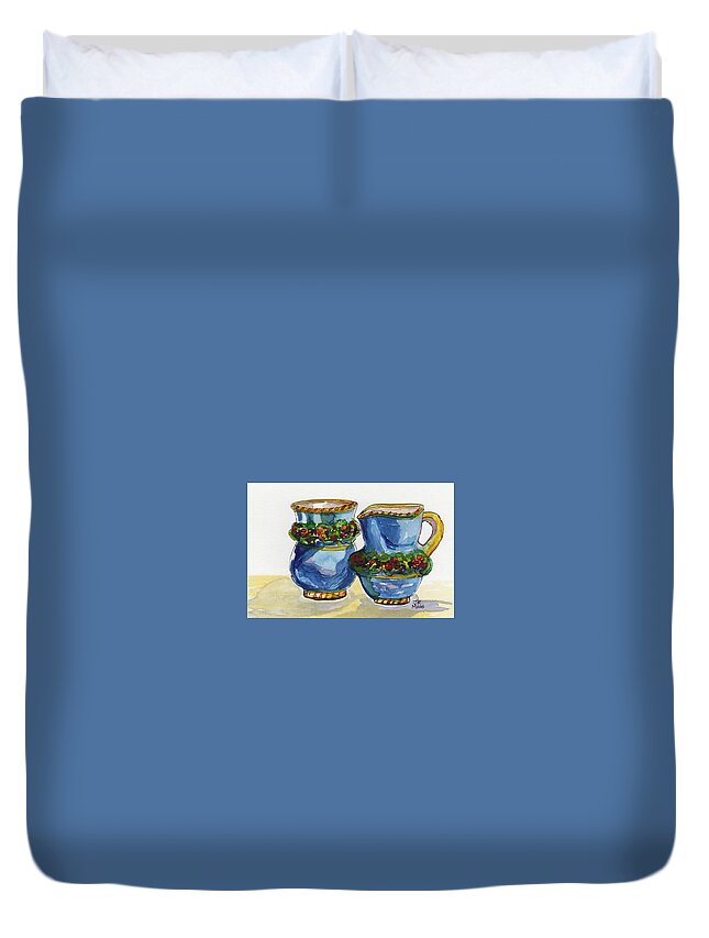 Blue Ceramic Duvet Cover featuring the painting Blue Cream and Sugar by Julie Maas