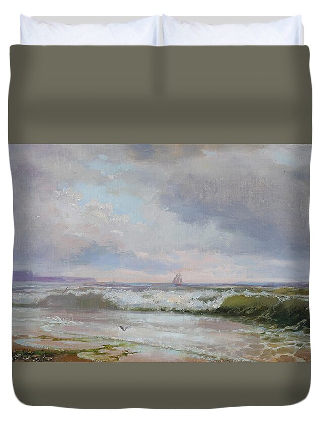 Russian Artists New Wave Duvet Cover featuring the painting Blue Day at the Sea Shore by Ilya Kondrashov