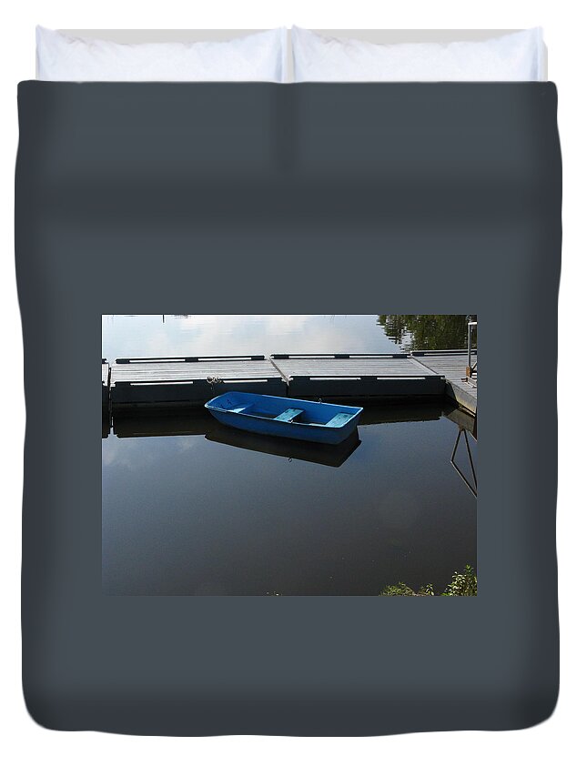 Bright Duvet Cover featuring the photograph Blue Dinghy Quiet Waters by Bill Tomsa