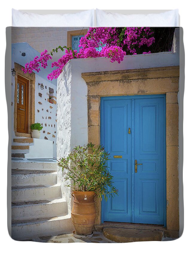 Aegean Sea Duvet Cover featuring the photograph Blue Door and Stairs by Inge Johnsson