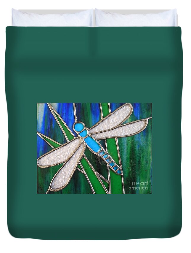 Dragonfly Duvet Cover featuring the glass art Blue dragonfly on reeds with bluey green background by Karen Jane Jones