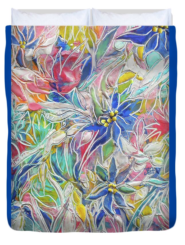 Encaustic Duvet Cover featuring the painting Blue Etched Flowers by Jean Batzell Fitzgerald