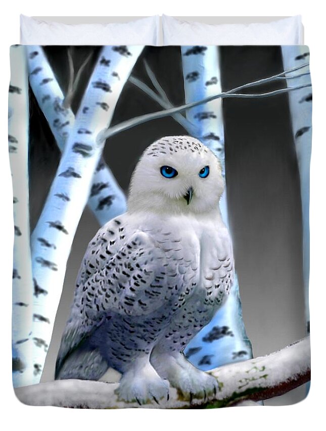 Blue-eyed Snow Owl Duvet Cover featuring the digital art Blue-eyed Snow Owl by Glenn Holbrook