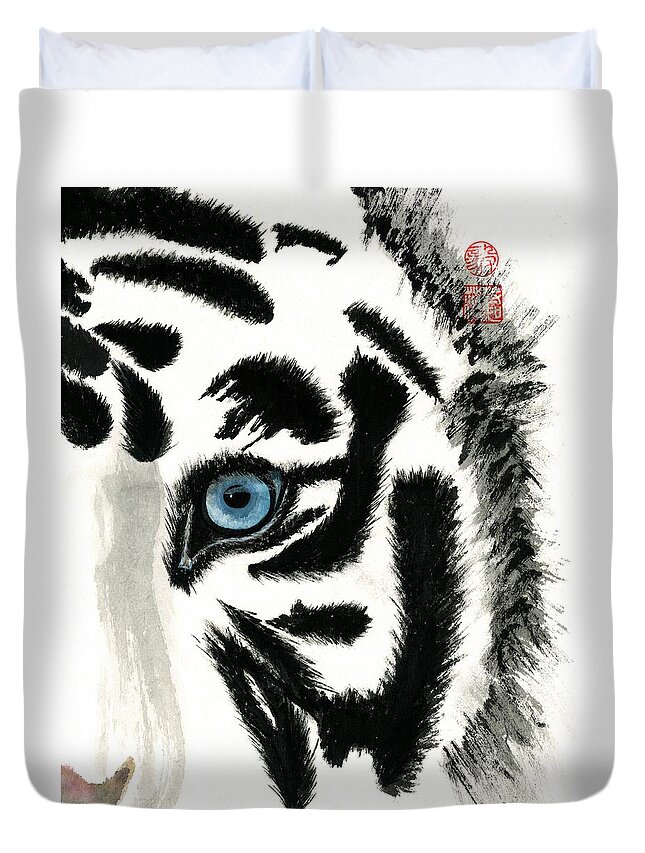 Japanese Duvet Cover featuring the painting Blue-Eyed Tiger by Terri Harris