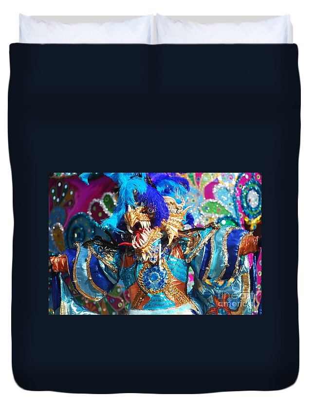 Carnival Duvet Cover featuring the photograph Blue Feather Carnival Costume and Colorful Background Horizontal by Heather Kirk
