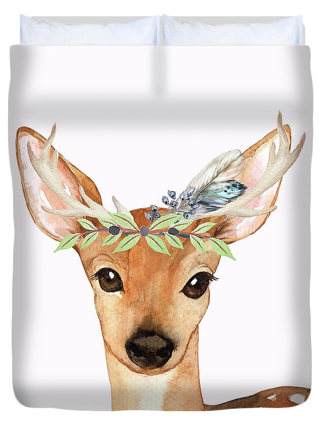 Deer Duvet Cover featuring the digital art Blue Feather Woodland Boho Deer by Pink Forest Cafe
