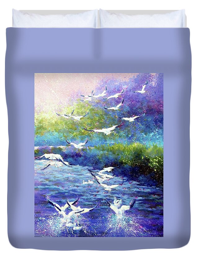 Birds Duvet Cover featuring the painting Blue Flight by Nicole Gelinas