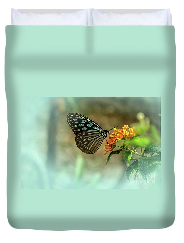 Michelle Meenawong Duvet Cover featuring the photograph Blue Glassy Tiger Butterfly by Michelle Meenawong